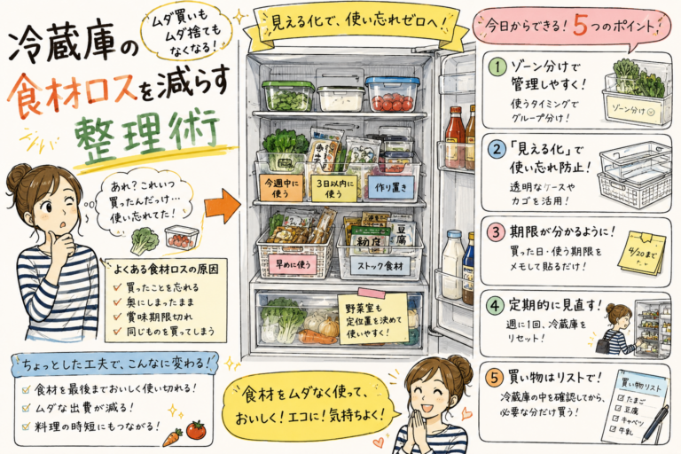 冷蔵庫の食材ロスを減らす整理術の内容を表したアイキャッチ画像