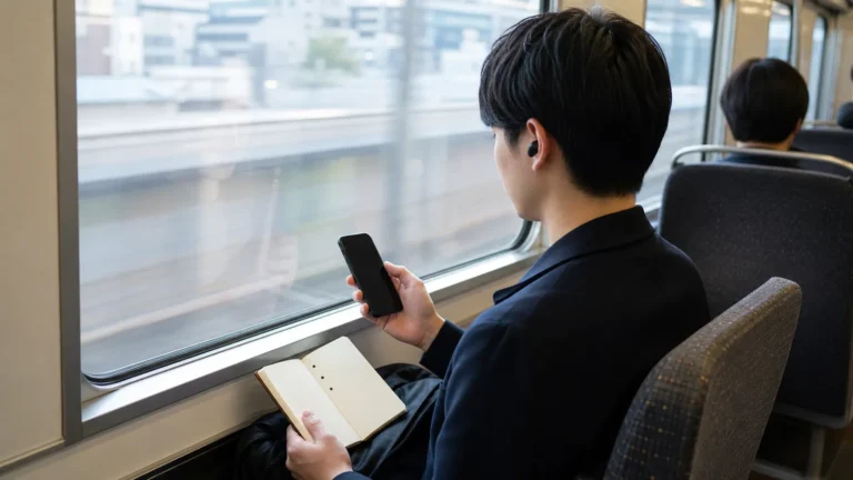 通勤電車で音声を聞きながら要点をメモする社会人