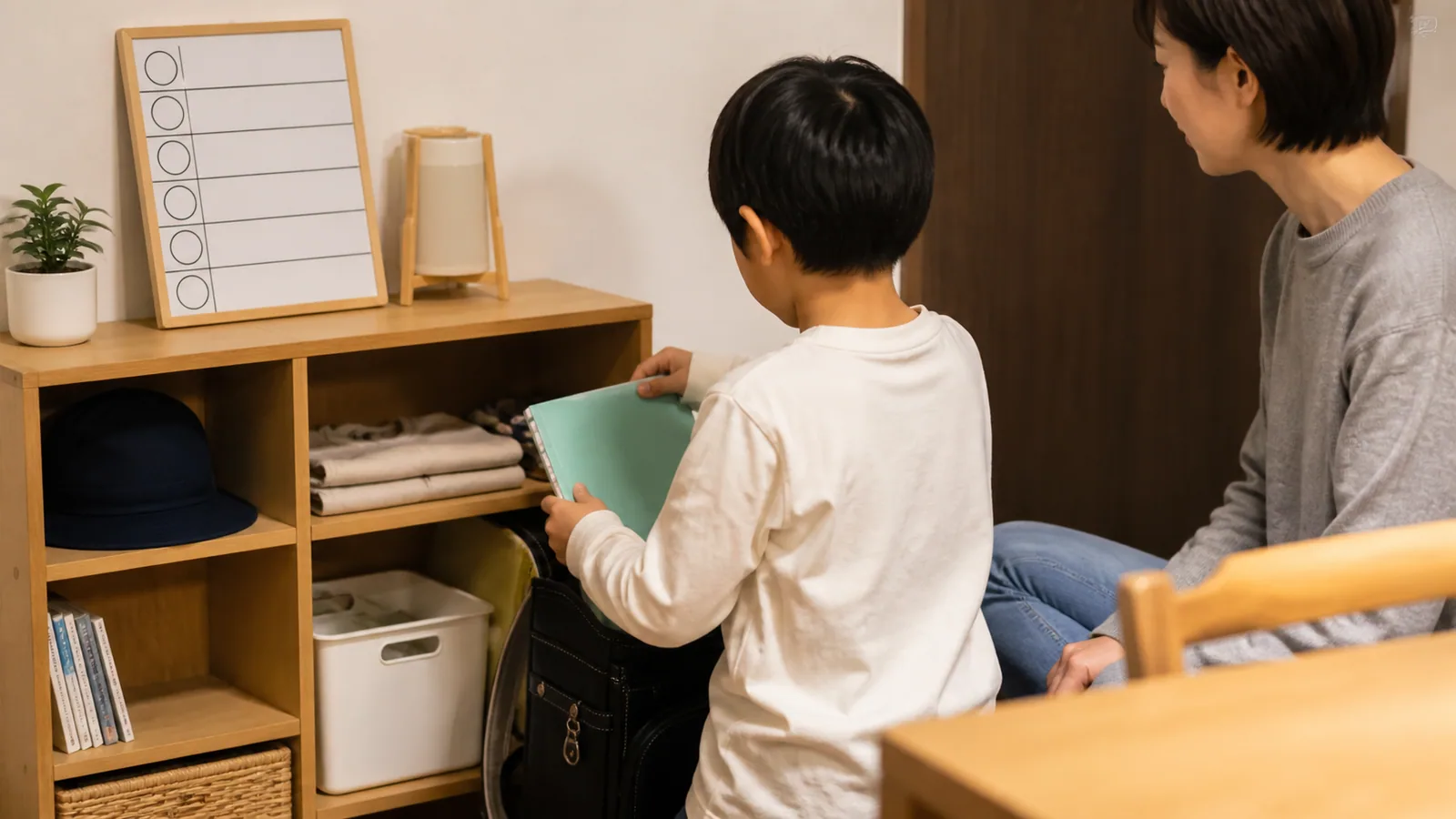 子どもが翌日の持ち物をランドセルへ入れる様子