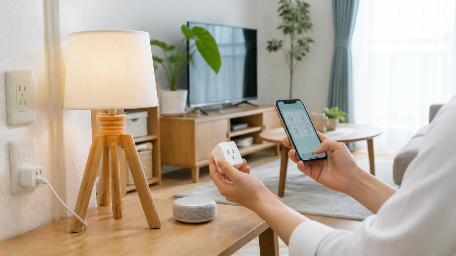 賃貸住宅で工事不要のスマートホーム機器を確認する様子