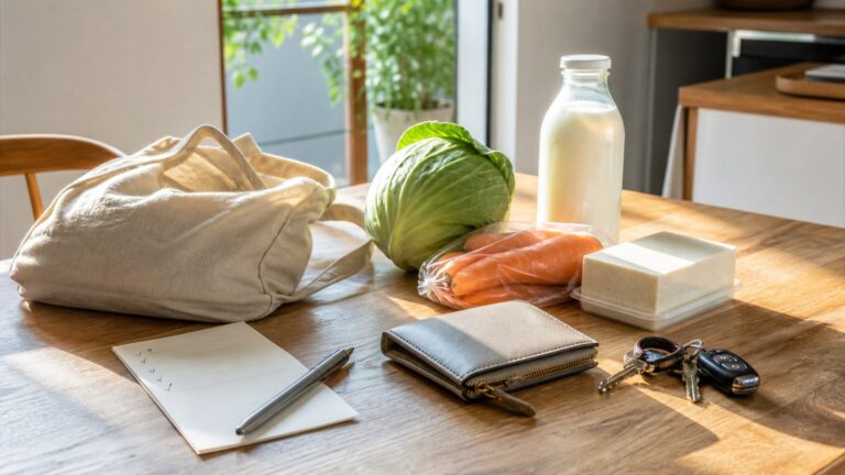 買い物メモとエコバッグ、食材を並べた出発前のイメージ