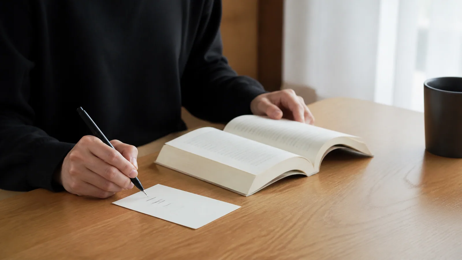 本を読みながら要点を小さなカードへ記録する様子