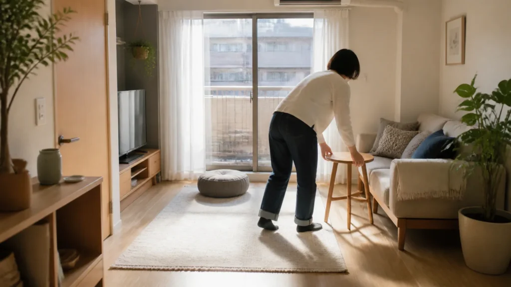 小さなリビングでサイドテーブルを動かして模様替えする様子