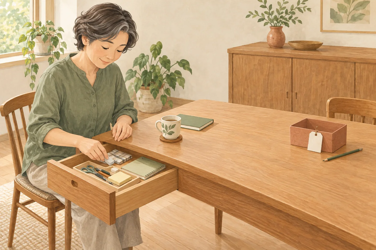 テーブルの一角で引き出し一つの小物を整理し、残りの作業面を空けている人のイラスト