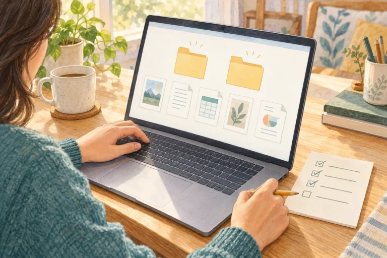 ノートパソコンのファイルを確認し、手元のメモで残す情報を整理するイラスト