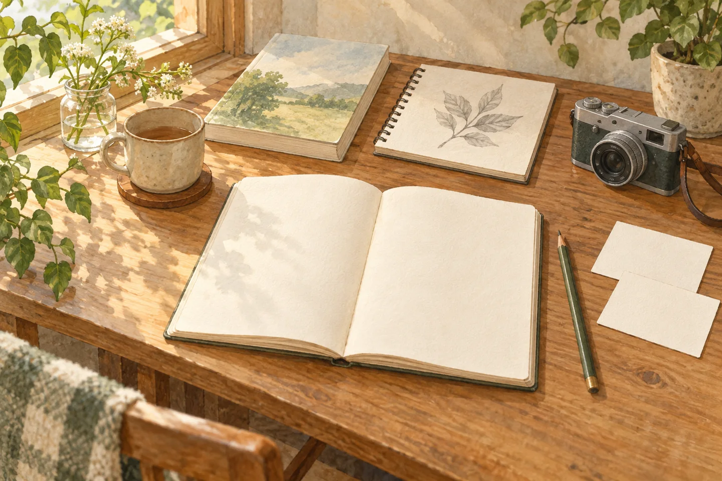 趣味の候補を書くノートと鉛筆、本、描きかけの葉の絵、カメラを並べた机のイラスト