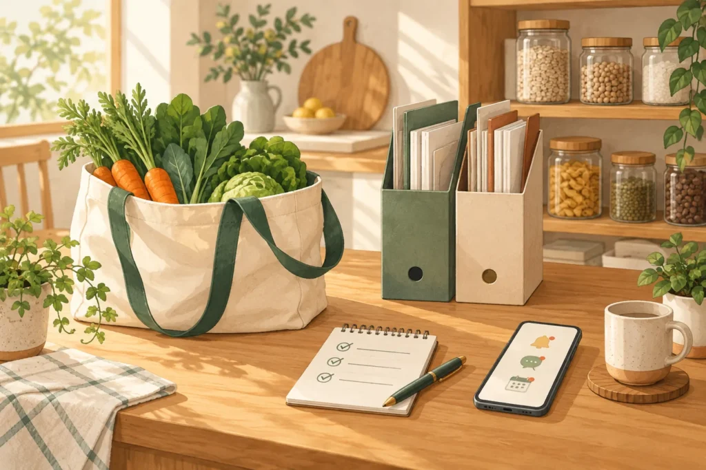 買い物袋、家庭の書類、食材の棚、メモとスマートフォンを並べた暮らしの整理のイラスト