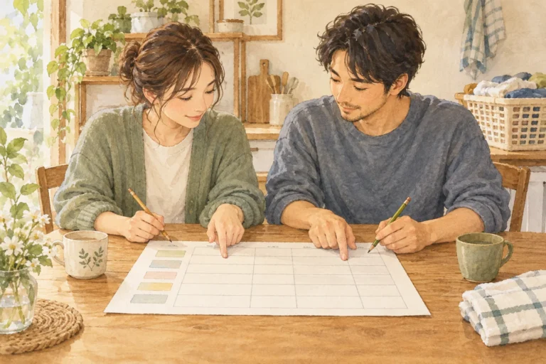 大人2人がテーブルで家事分担の表を一緒に確認し、それぞれ鉛筆を持って相談するイラスト