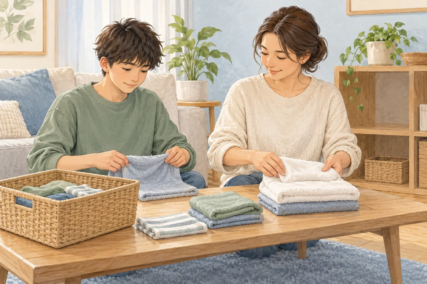 子どもと大人が乾いたタオルを一緒にたたみ、小さなかごと手の届く収納を確認するイラスト