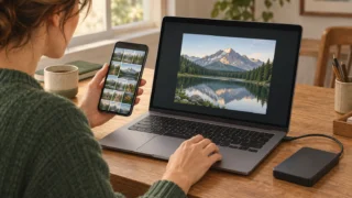 スマートフォンの写真を別の端末でも開いて保存状態を確認するイメージ