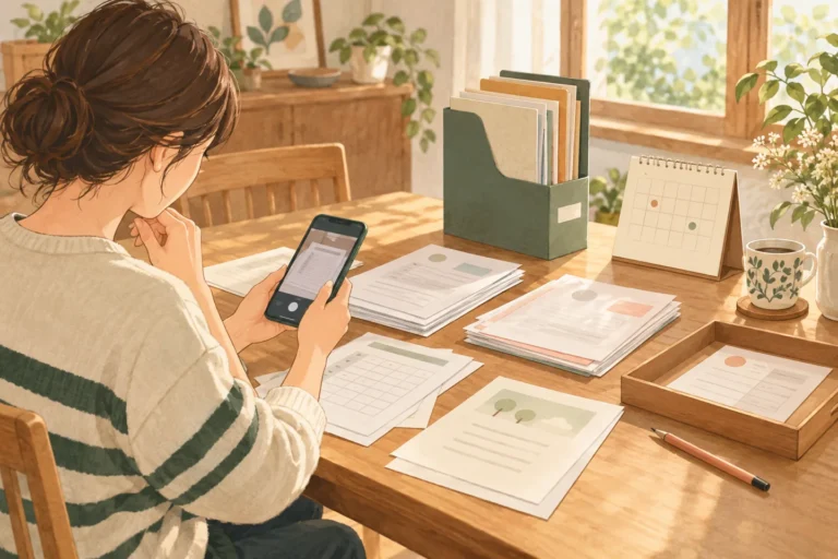 学校のプリントを確認し、スマートフォンで撮影しながらファイルと対応用のトレイへ分ける場面のイラスト