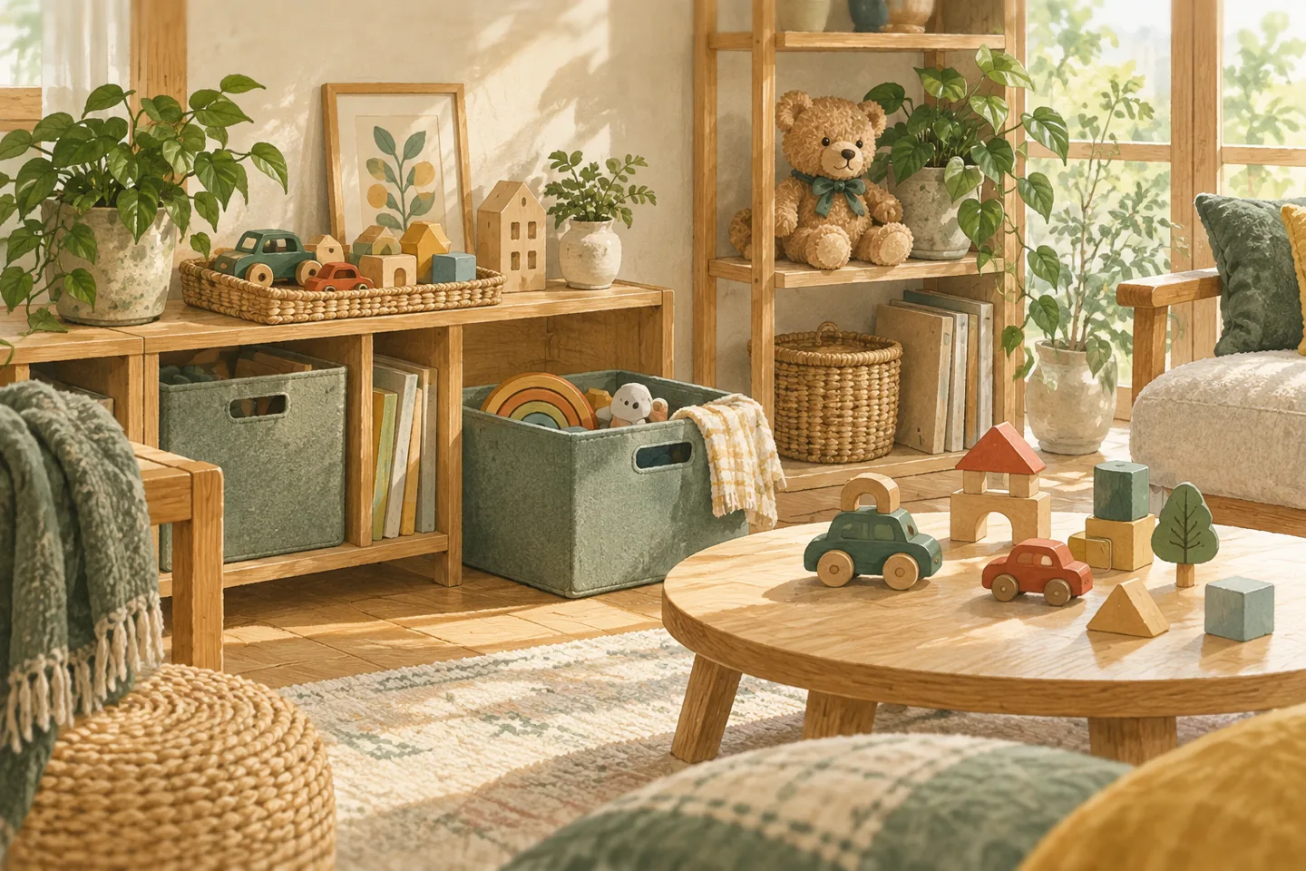 木製のおもちゃを遊ぶ机、入れ替え用の箱、思い出のぬいぐるみを分けて置いた子どもの遊び場のイラスト